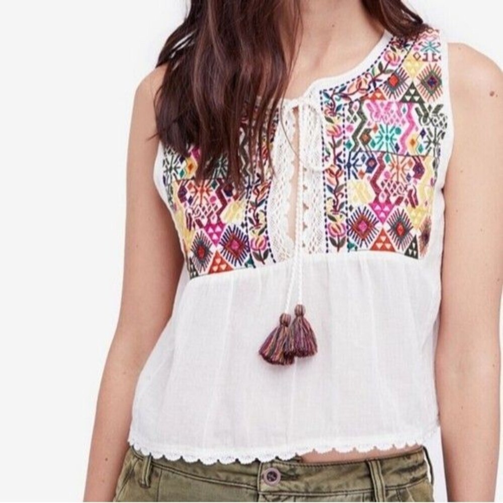 Free People Boho Embroidered Peasant Tank Top Size M Cream Festival